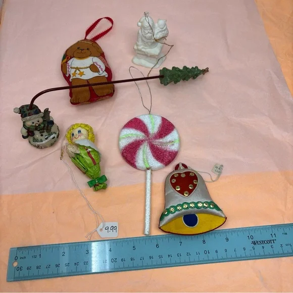 5 pc Vintage Mixed Christmas Ornament Lot - Candy, Bear, Bell - Picture 8 of 16